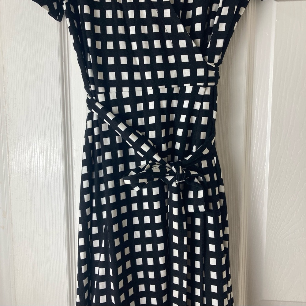 Ann Taylor Polka Square Plaid True Wrap Stretch Dress 10 Black/White Short Sleev - Picture 16 of 16